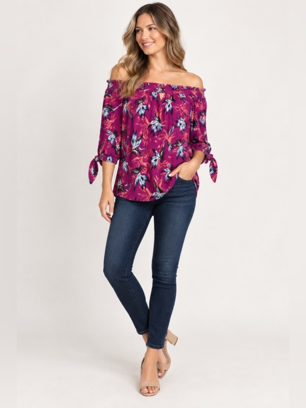 Living Doll Los Angeles Purple Floral Off Shoulder Blouse Women’s Size Medium